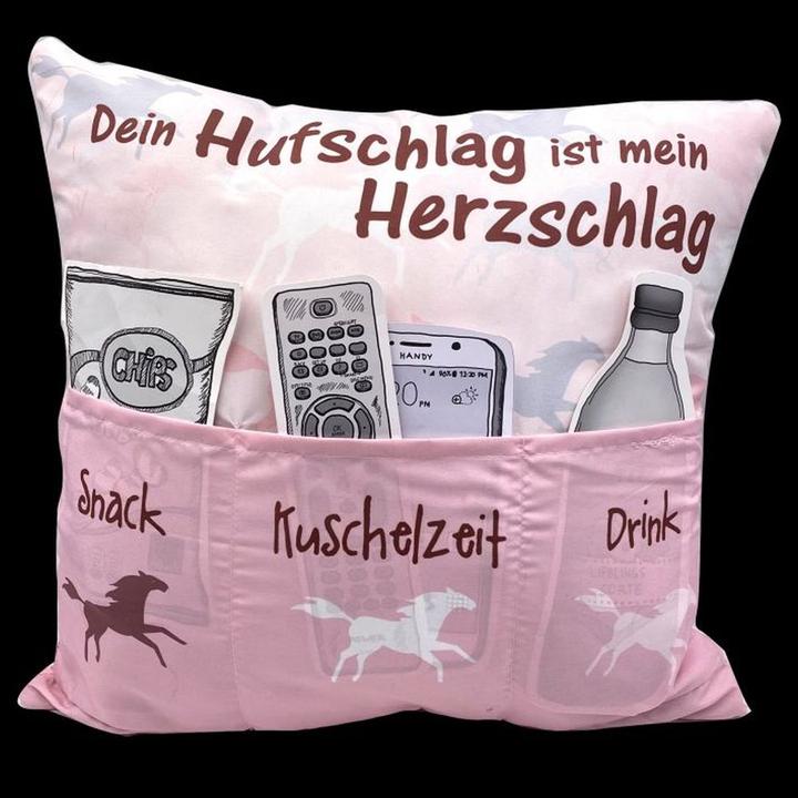 Produktbild Hergo Kissen Sofahelden aus Stoff Dein Hufschlag ist mein Herzschlag 43x43 cm mit Taschen (Geschenktüte)