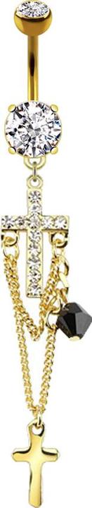 Produktbild Star Piercing Banane 14k vergoldet mit zwei Kugeln Kristall silber Anhänger Kreuz und Ketten (Chirurgenstahl 316L, Messing)