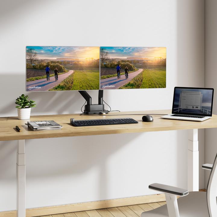 Produktbild Manhattan Aluminium-Tischhalterung mit Gasdruckfeder für zwei Monitore & 8-in-1-Dockingstation (Standfuss, 32.01")