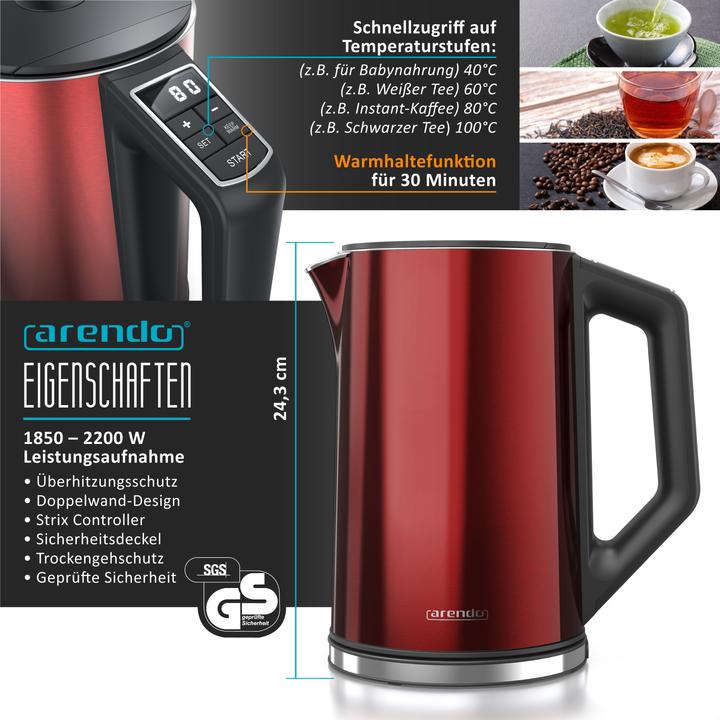 Produktbild Arendo Frühstücks Set, Edelstahl Wasserkocher 1,5l Temperaturwahl & 4-Scheiben Langschlitz Toaster, Rot (1.50 l)