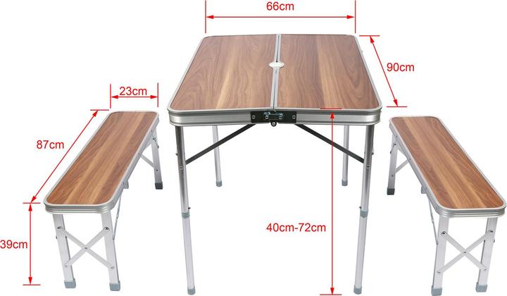 Image du produit Wiltec Table pliante Valise Alumium Deux bancs 90x66x70 cm Finition Bois Table de camping Fête Barbecue