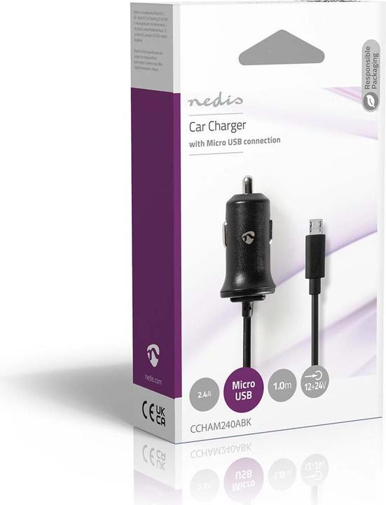 Actual product image Nedis CCHAM240ABK Car Charger 2.4 A Fixed Cable Micro-USB Black