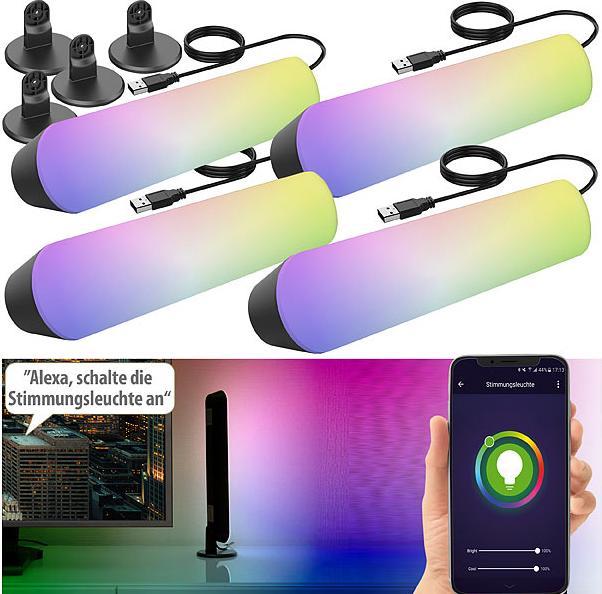 Produktbild Luminea 4er-Set WLAN-USB-Stimmungsleuchte mit RGB+CCT-LEDs, App, 80lm, 3,5 W (80 lm, IP44)