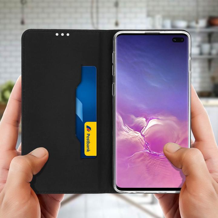 Produktbild Akashi Flip Cover Geldbörse mit Standfunktion für Samsung Galaxy S10 – Schwarz (Samsung Galaxy S10)