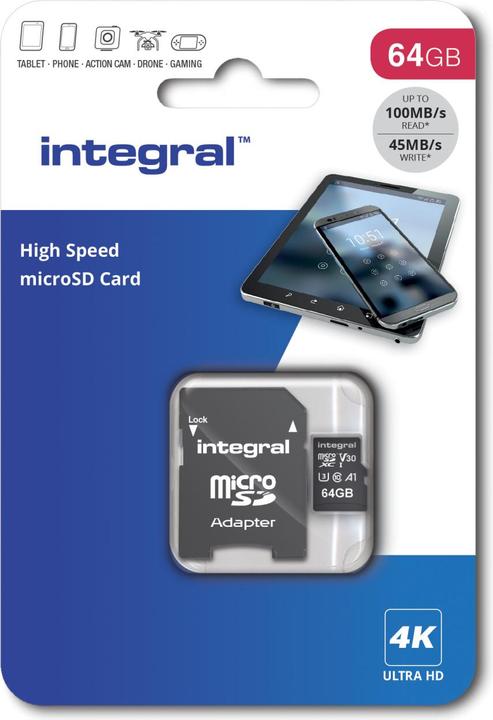 Produktbild INMSDX64G-100V30 64GB MICRO SD CARD MICROSDXC UHS-1 U3 CL10 V30 A1 UP TO 100MBS READ 45MBS (64 GB, microSD, U3, UHS-I)