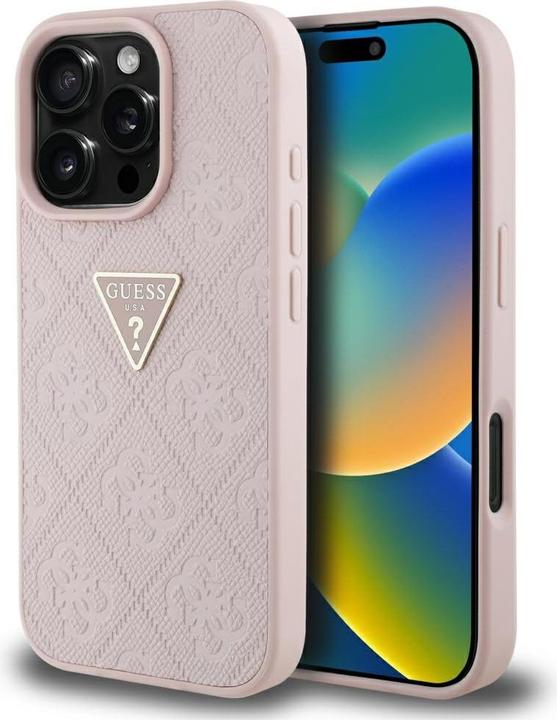 Immagine prodotto Guess Hardcase PU Grained Hot Stamp 4G Triangle Metal Case for iPhone 16 Pro Max 6,9" Pink (Apple iPhone 16 Pro Max)