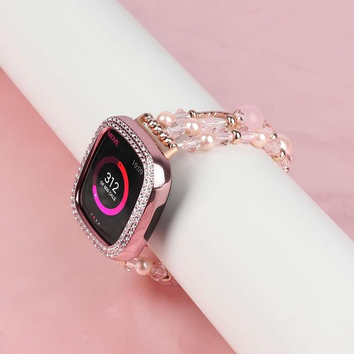 Immagine prodotto Cover-Discount Fitbit Versa 4 / Sense 2 - Bracciale con perle e strass rosa (Acciaio inossidabile)