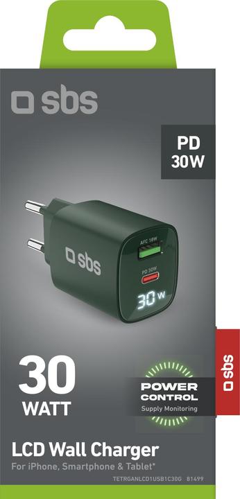 Actual product image SBS Wall charger with LCD screen, 1 USB-C PD 30W output, 1 USB-A 18W output (30 W)