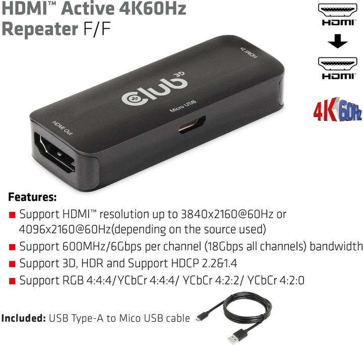 Produktbild Club 3D Club3D Repeater HDMI > HDMI 4K60Hz aktiv Bu/Bu retail (0.06 m)