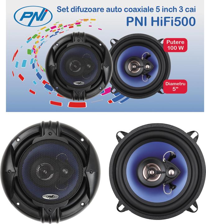 PNI Koaxiale Autolautsprecher HiFi500, 100W, 12,7 cm, 3-Wege, 2er-Set (12.70 cm)