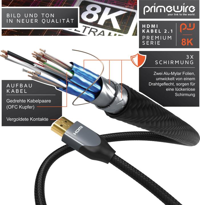 Actual product image Primewire HDMI Cable 2.1, Type A, 8K, Premium, Nylon Jacket, 7680 x 4320 @ 120 Hz - 4k@ 240 Hz with DSC (3 m, HDMI)