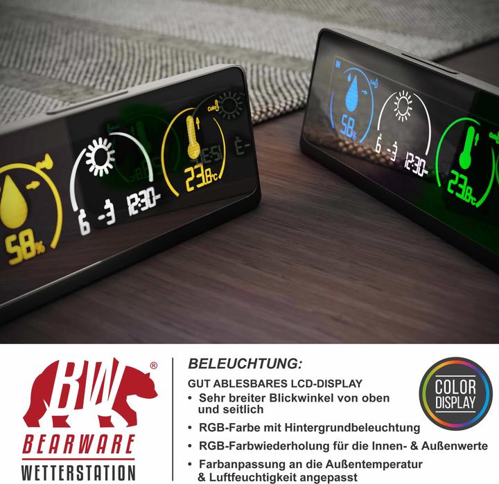 Produktbild Bearware Funk Wetterstation mit Farbdisplay und Aussensensor - DCF Funkuhr - Innen- und Aussentemperatur