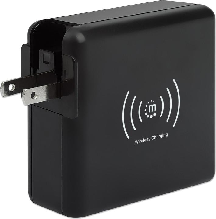 Actual product image Manhattan 4-in-1 Travel Charger and Powerbank 8,000 mAh One 5 W wireless induction charging pad, two 12 W USB (8000 mAh, 5 W, 29.60 Wh)