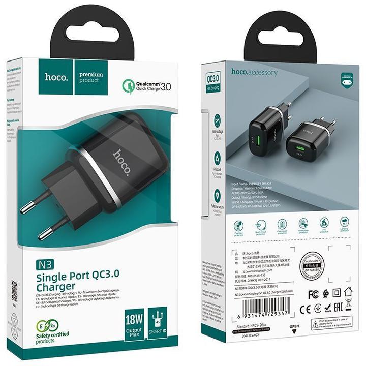 Actual product image Hoco N3, 18W, 3A, 1 x USB-A, black (18 W)