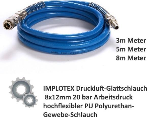 Implotex - Druckluft-Glattschlauch 8x12mm 20 bar - 8m Arbeitsdruck hochflexibler PU Polyurethan-Gewe