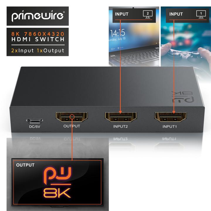 Image du produit Primewire 2-Port HDMI 2.1 Switch, commutateur 8K, 2 en 1 Out UHD, splitter avec télécommande, UHD 8k 4k 60 Hz