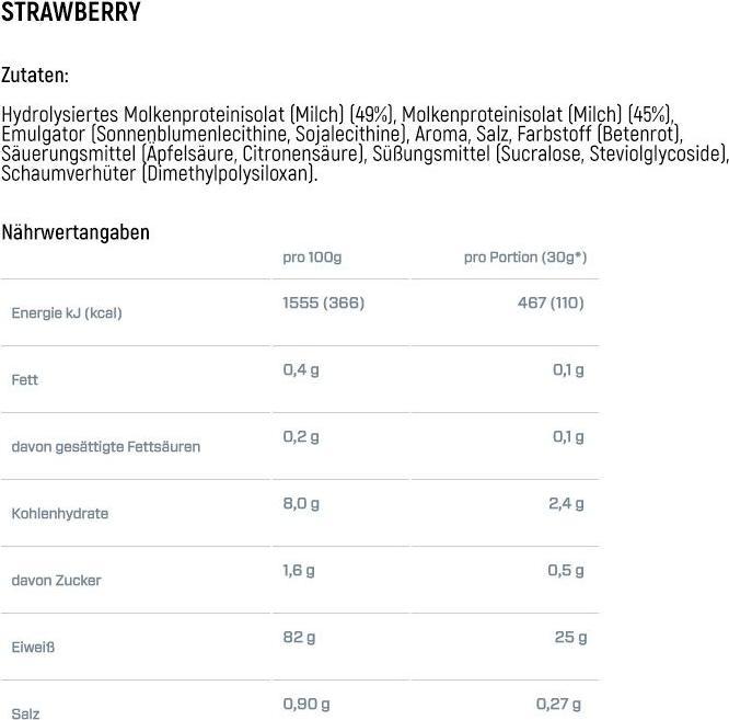 Nährwerte und Zutaten Dymatize ISO 100 Hydrolyzed (Erdbeere, 1 Stk., 2264 g)