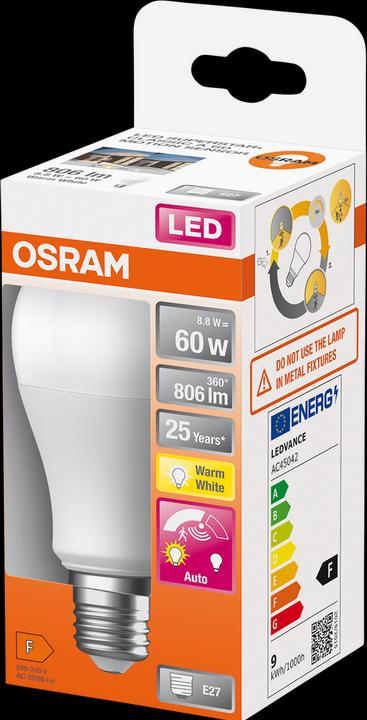 Actual product image Osram 4099854040092 LED EEK F (A - G) E27 8.8 W = 60 W Warm white (Ø x H) 60 mm x (E27, 8.80 W, 806 lm, 1 x, F)
