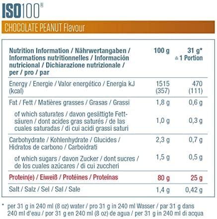 Valori nutrizionali e ingredienti Dymatize ISO 100 Idrolizzato (Cioccolato, Arachide, 1 pz., 2264 g)