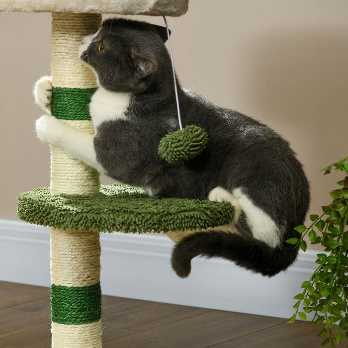 Image du produit Swisshandel24 Arbre à chat Petit 64 cm rond avec surface de repos, balle de jeu, sisal, jusqu'à 4 kg (64 cm, Blanc+Vert+Beige)