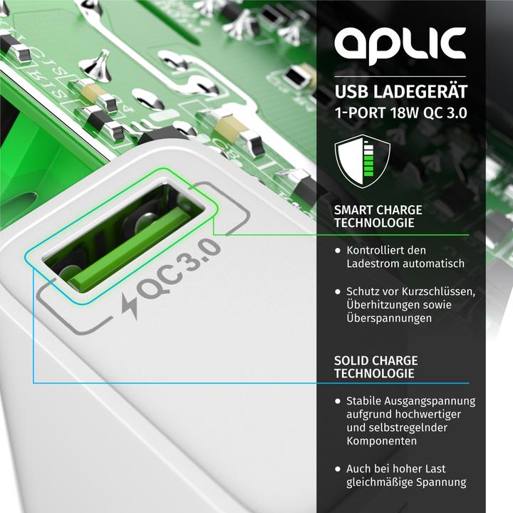 Actual product image Aplic USB charger 18W Quick Charge 3.0, fast charging function, for smartphones, tablets, white (18 W)