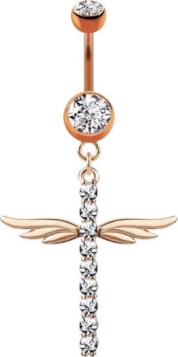 Star Piercing Banane rosegold mit Anhänger Kreuz mit Flügel und Kristallen (Messing, Chirurgenstahl 316L)