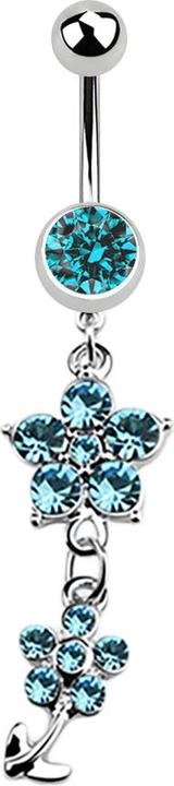 Image du produit Star Piercing Banane argent avec pendentif deux fleurs en cristal aqua (sans laiton, Acier chirurgical 316L)