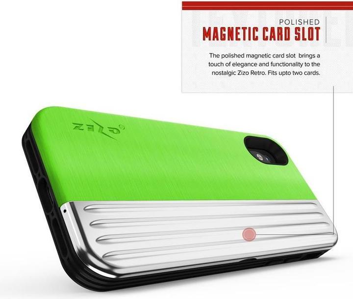 Actual product image Zizo Retro Series – iPhone Xs/X-Hülle mit Kartenfach + Ständer + 9H-Glasscheibe (Neongrün/Silber) (Apple iPhone XS)