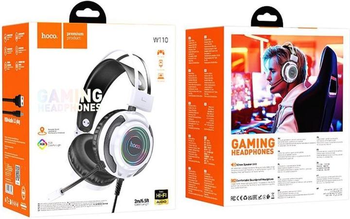 Actual product image Hoco Wired headphones wire headphones USB A + Jack 3,5 mm with microphone gaming W110 2 m white (Cable)
