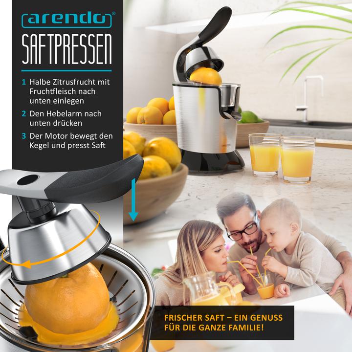 Actual product image Arendo Edelstahl Zitronenpresse, Orangenpresse Limettenpresse Entsafter, 0,4L Behälter, 2 Presskegel, 800W