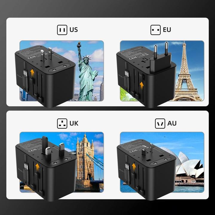 Image du produit Choetech PD5021 Adaptateur de voyage UE/US/AUS/UK 45W avec câble USB-C intégré - Noir