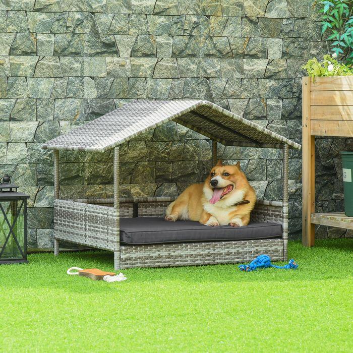 Immagine prodotto Swisshandel24 Casetta per cani in rattan con cuscino, letto per cani a forma di casetta, cuccia da esterno per (Cuccia per cani)