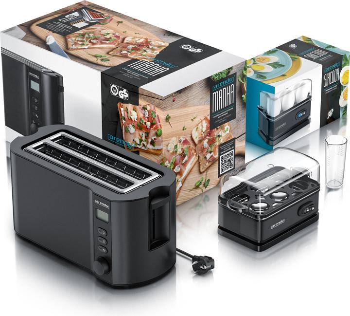 Actual product image Arendo Breakfast set, 4-slice long slot toaster with bun rack & egg cooker for 6 eggs, black