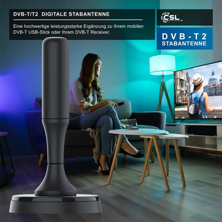 Produktbild CSL DVB-T2 Stabantenne für Innenbereich, digitale Antenne mit 4m Kabel / inkl. F-Stecker Adapter (Stabantenne, 5 dB, DVB-T / -T2)