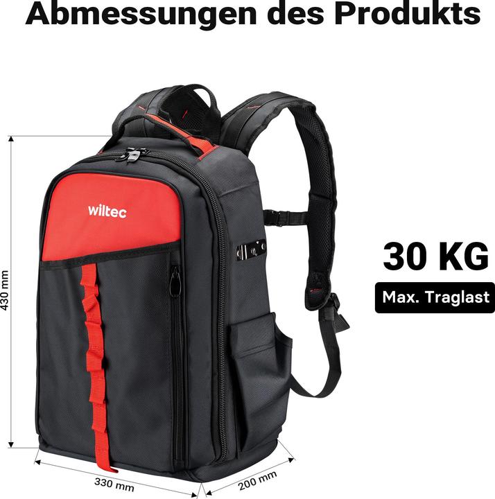 Produktbild Wiltec Werkzeugrucksack 33x20x43cm Werkzeugtasche 16 Fächer Werkzeug Rucksack