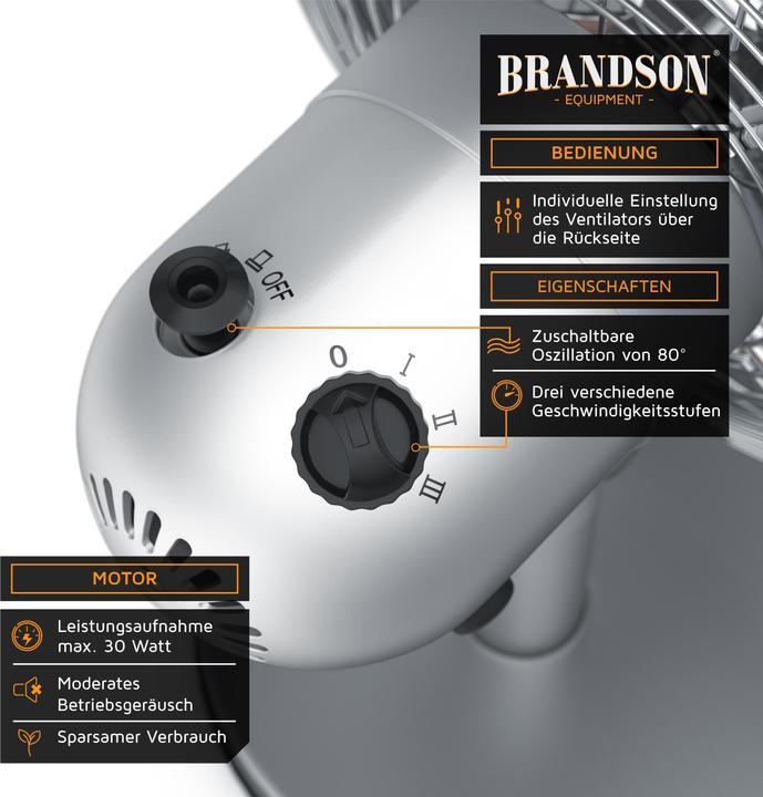 Actual product image Brandson Table fan, retro design, oscillation, tilt angle approx. 40°, metal housing, 30W, silver (50 dB)