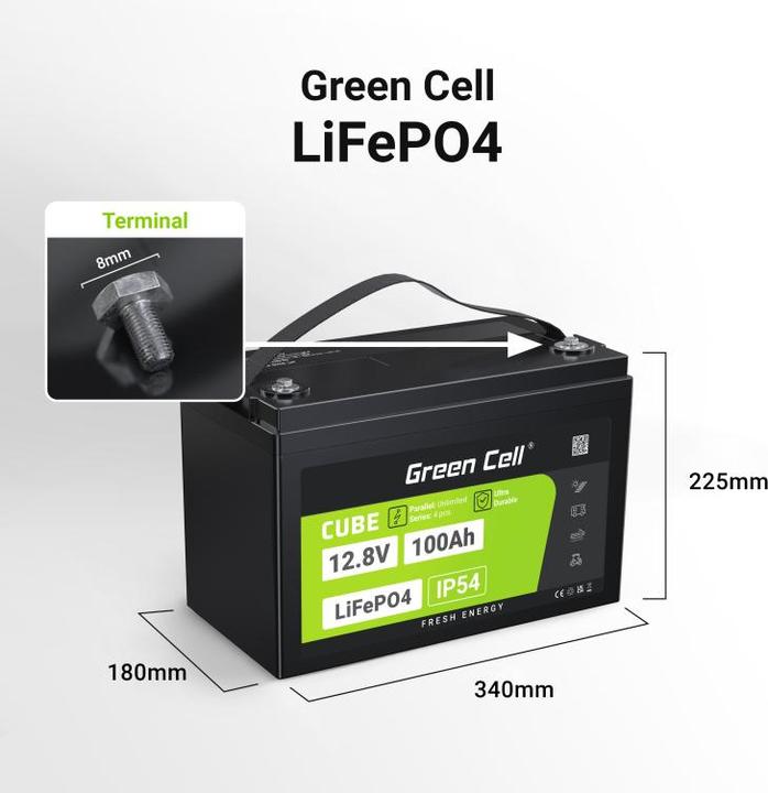 Produktbild GreenCell Green Cell CUBE LiFePO4 battery 100Ah 12.8V 1280Wh lithium iron phosphate battery for photovoltaic (12.80 V, 100 Ah)