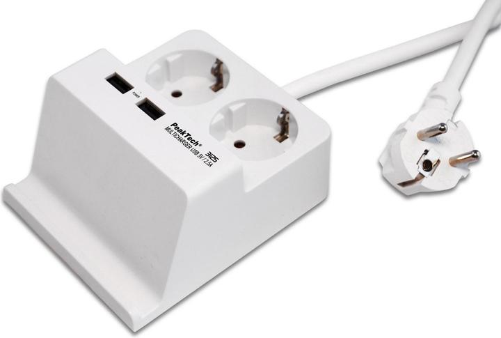 Productafbeelding Peaktech 3125 Tafelcontactdoos, 2-voudig, type F, 2x USB, wit (2 x, CEE 7/3, 1.40 m)