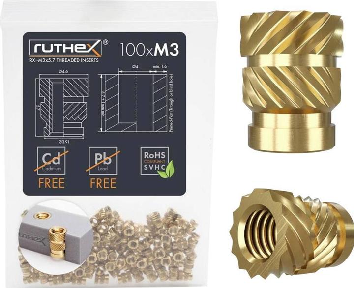 Produktbild Ruthex M3 Gewindeeinsatz - 100 Stück RX-M3x5.7 BLEIFREIE Gewindebuchsen aus Messing (Zubehör)