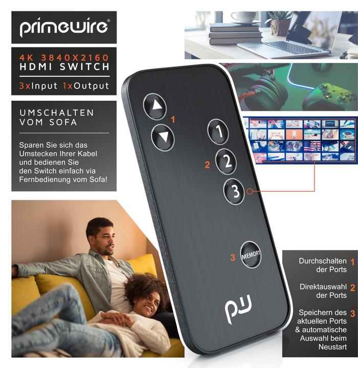 Immagine prodotto Primewire Switch HDMI 2.0b a 3 porte, distributore 4k 60Hz UHD, Ultra HD 4096x2160 HDR, telecomando