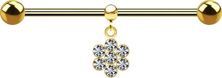 Produktbild Star Piercing Barbell vergoldet zwei Kugeln mit Kugel Ring Anhänger Blume sieben Kristalle silber (Chirurgenstahl 316L, ohne Messing)