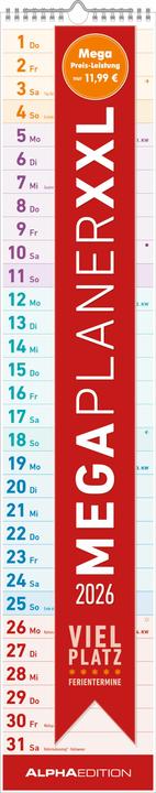 Produktbild Alpha Edition Megaplaner XXL 2026 - Streifen-Kalender 17,5x98 cm - mit Ferienterminen - viel Platz für Notizen - (Deutsch)