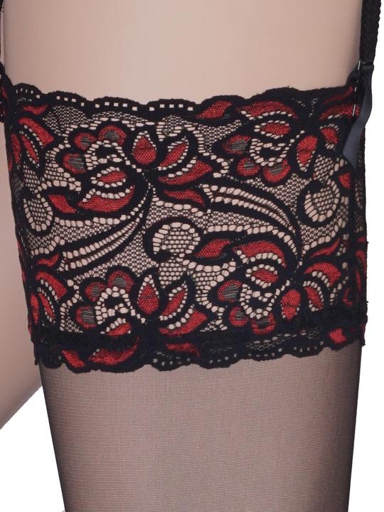 Actual product image Levee Satin Sheers suspender stockings, colour 601 black-red, size 58-60 (20 DEN, 58 - 60)