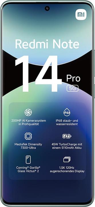 Produktbild Xiaomi Redmi Note 14 Pro 5G (512 GB, Coral Green, 6.67", Dual SIM, 200 Mpx, 5G)