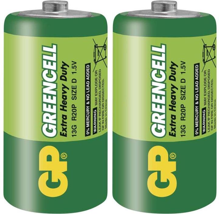 Actual product image GP Batteries Greencell D, disposable battery, D, zinc chloride, 1.5 V, 2 piece(s), green (2 pcs., D)