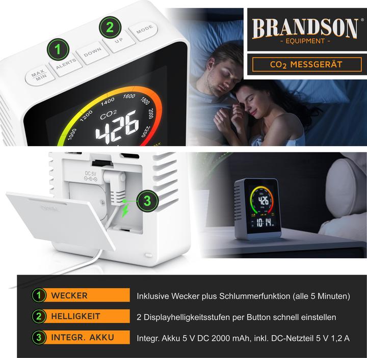 Produktbild Brandson CO2 Messgerät, Luftqualität Melder, Kohlendioxidmessung, Luftqualität Sensor, Raumluft-Qualität
