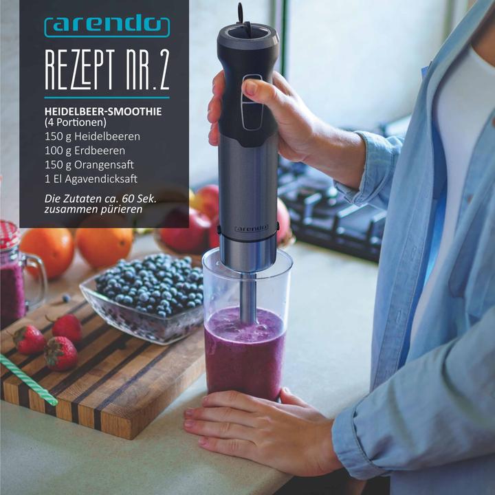 Produktbild Arendo Stabmixer 1000W Grau, Edelstahl Pürierstab DC Motor, stufenlose Geschwindigkeitsregelung, Turbotaste