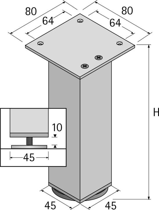 Actual product image Hettich Möbelfuss Lano SQ 46x46 mm alu eloxiert Höhe 200 mm +15 mm Bodenausgleich