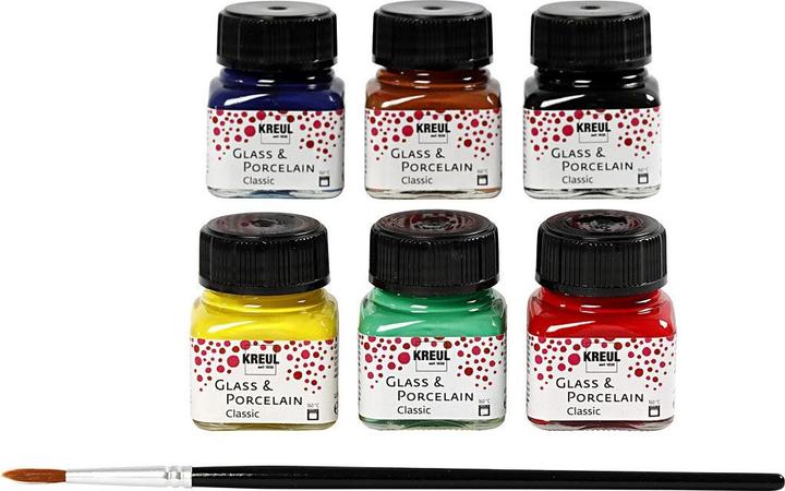 Immagine prodotto Kreul Set classico in vetro e porcellana (Blu reale, Cognac, Verde, Nero, Giallo canarino, Cremisi, 120 ml)