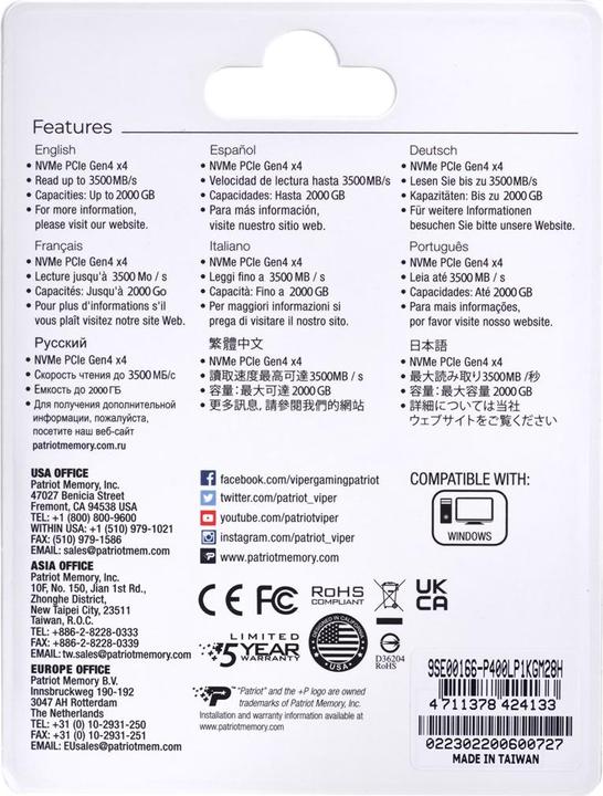 Image du produit Patriot P400 Lite (1000 Go, M.2 2280)
